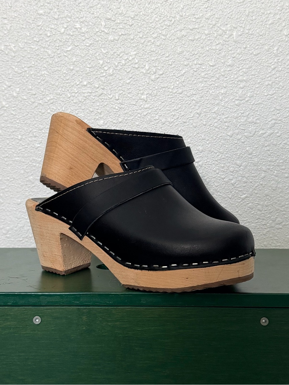 Lotta’s From Stockholm Black Leather Clogs with Wood Heel